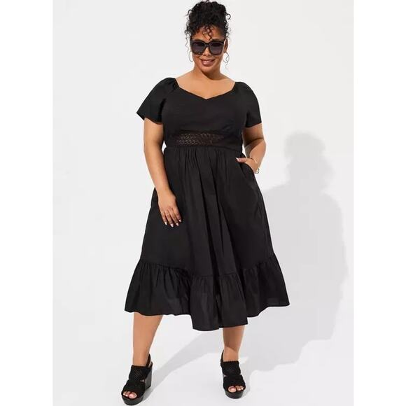 NWT Torrid Cotton Poplin Sheer Lace Waist Tie Back Tiered Midi Dress 3X Classic - Picture 1 of 16